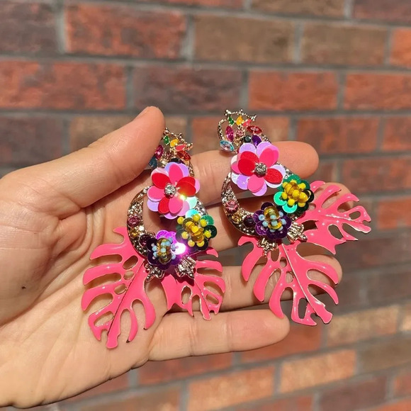 Zara Monstera Leaf Tropical Statement Drop Earrings - Picture 9 of 10